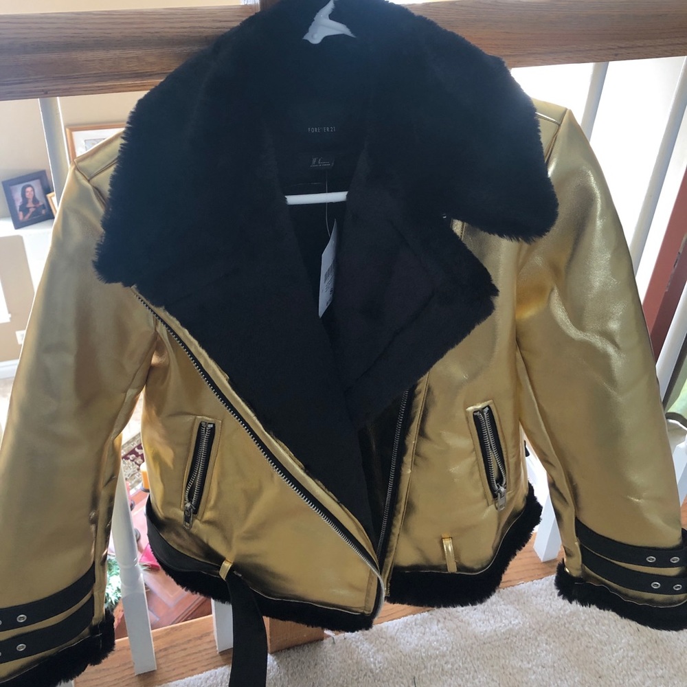 metallic shearling moto jacket